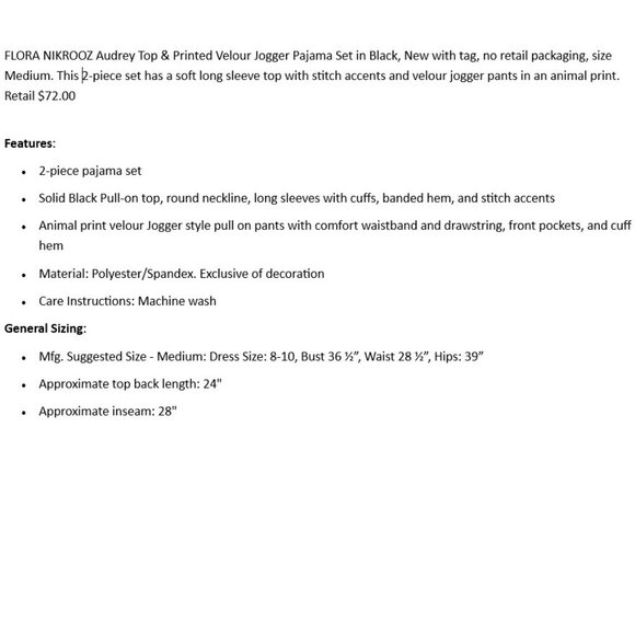 FLORA NIKROOZ Audrey Top & Print Velour Jogger Pajama Set Black Size M NWT - Picture 2 of 7